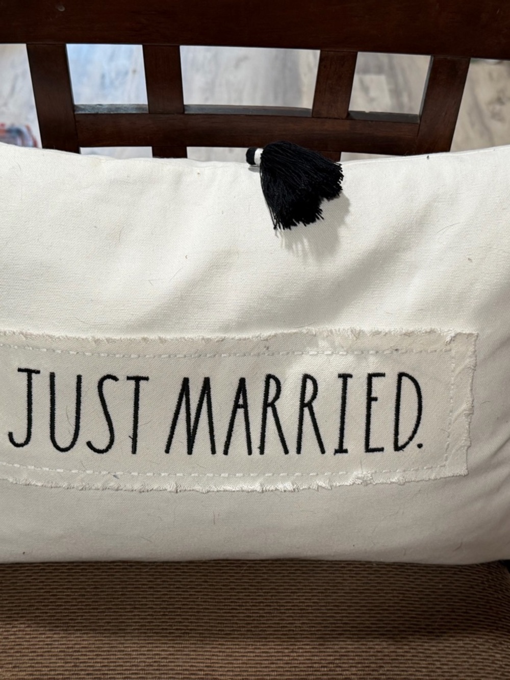 Rae Dunn White Pillow "JUST MARRIED" with Black Tassel